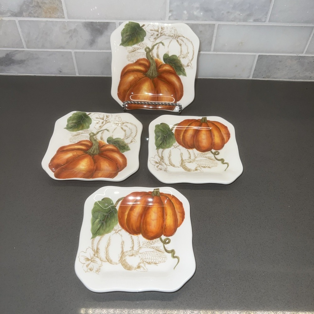 MAXCERA Set 4 Pumpkin "GIVE THANKS" Thanksgiving Dessert Appetizer Plates 5"x 5"
